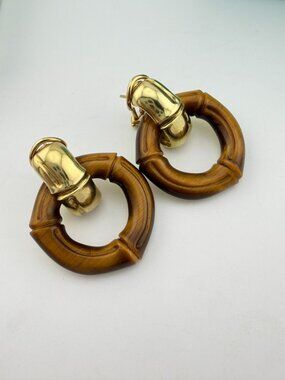 Tiffany & Co. 18k Gold Tigers Eye Bamboo Door Knocker Clip Earrings 2002 22g